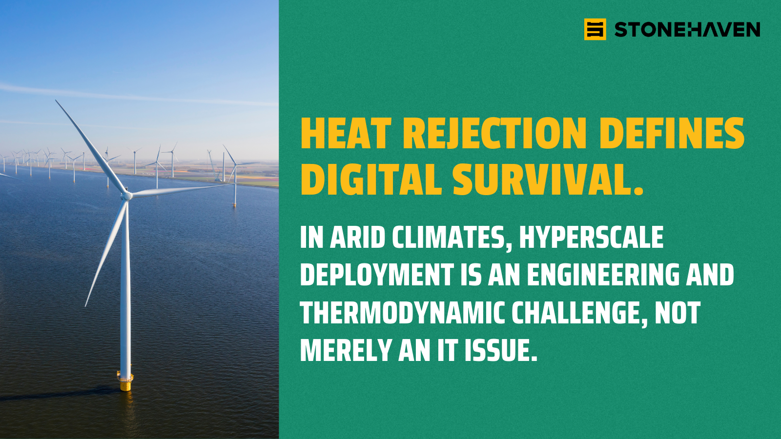 Offshore wind turbines with text on hyperscale heat rejection in arid climates.