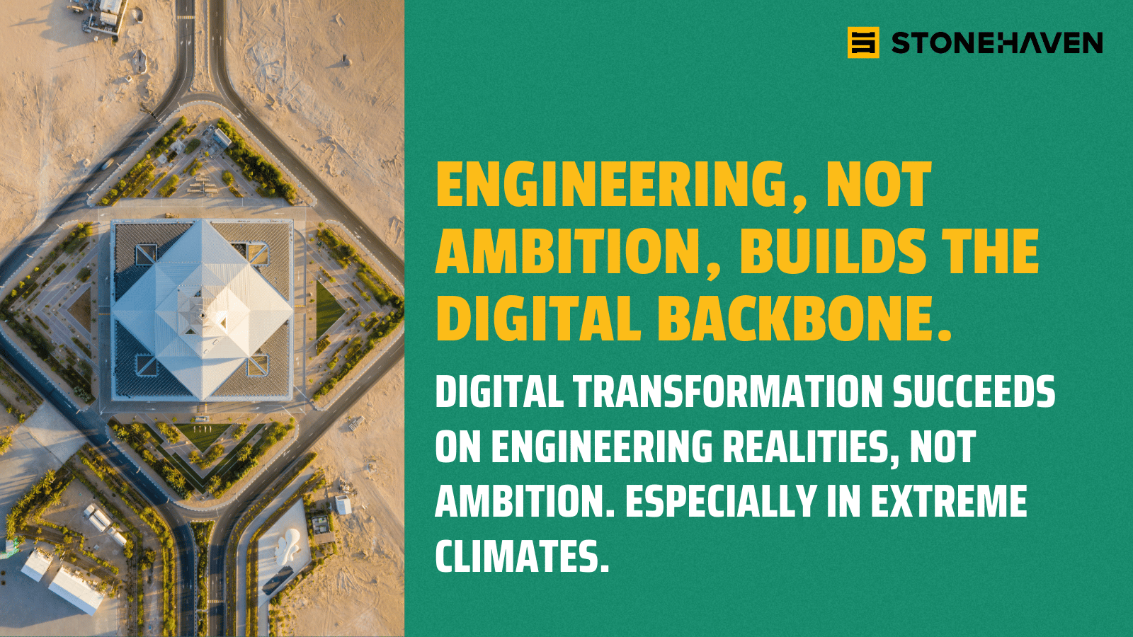 Aerial view of a geometric data centre building in a desert landscape with text about engineering building the digital backbone.