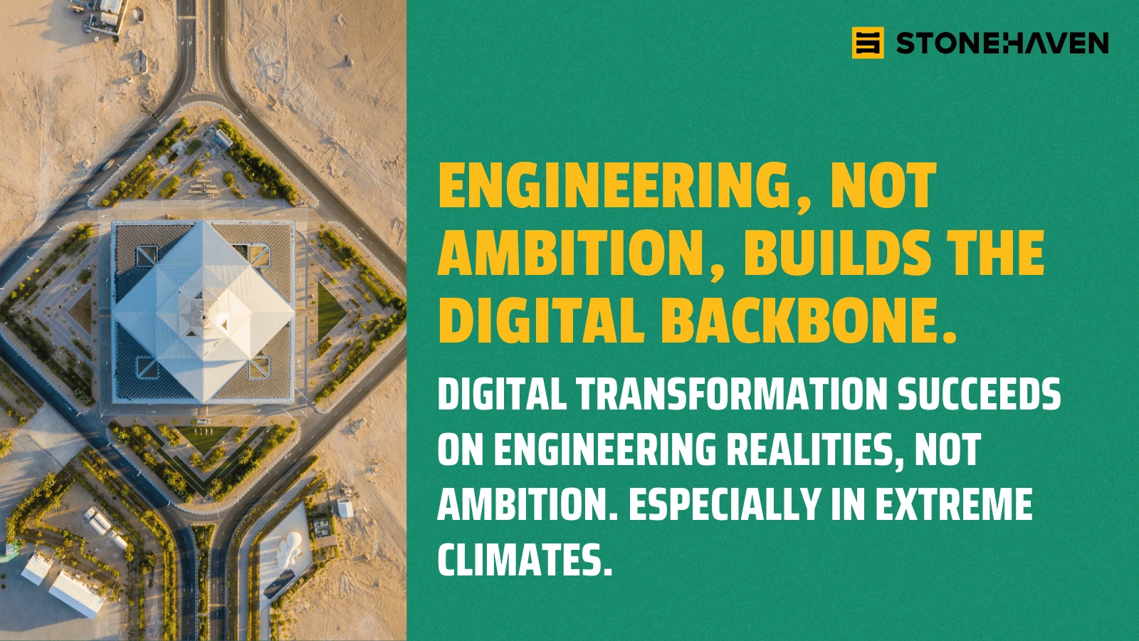 Aerial view of a geometric data centre building in a desert landscape with text about engineering building the digital backbone.